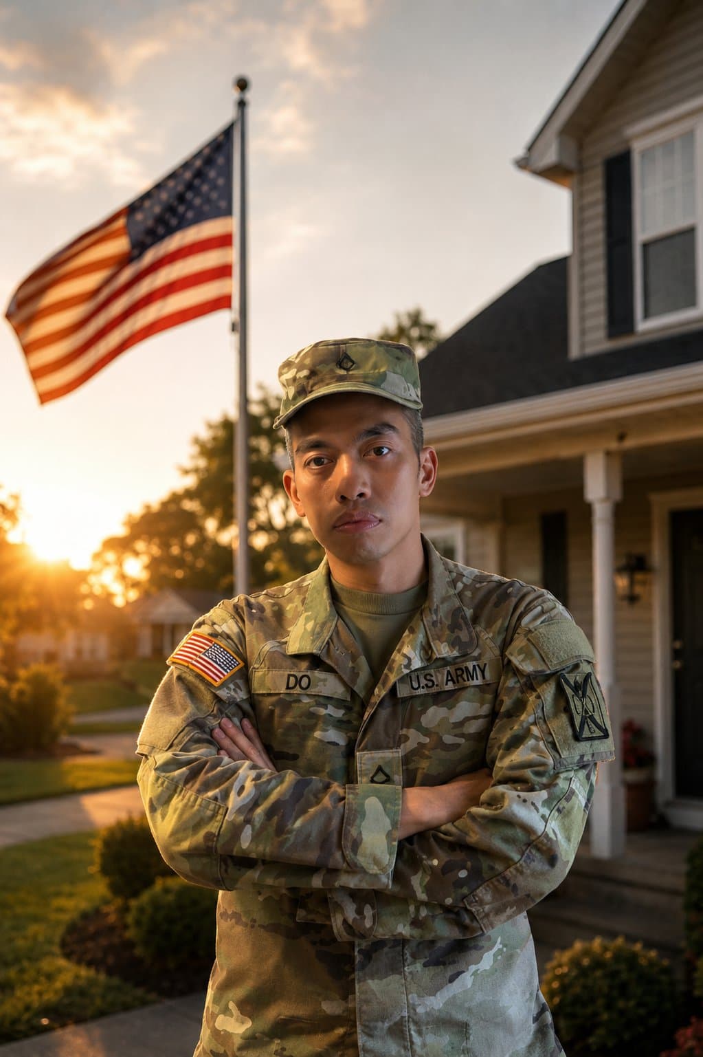 Joe Do — US Army soldier, arms crossed in front of American flag at sunset